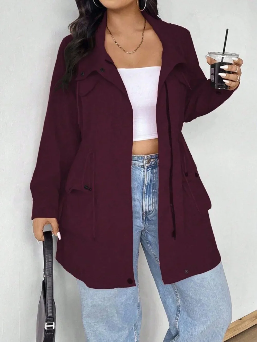 Burgundy Casual Women's Plus Size Hooded Cinched Waist Long Sleeve Jacket - Picture 3 of 6